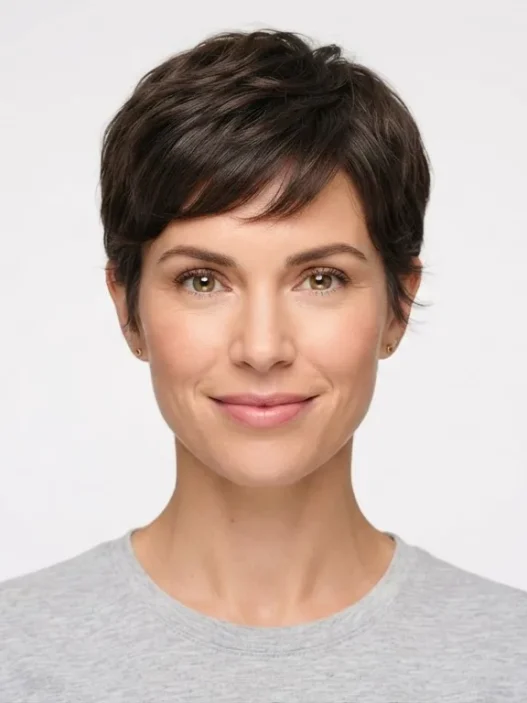 Woman with soft textured pixie cut showing piecey layers and tapered nape against white backdrop in beauty catalogue framing
