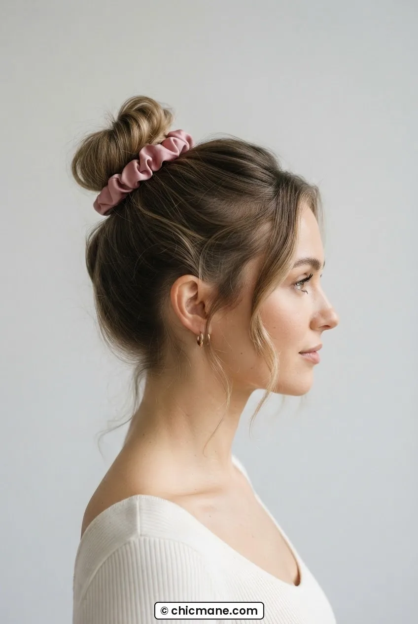 Woman with a soft looped top knot secured with a silk scrunchie, tendrils framing the face in side profile