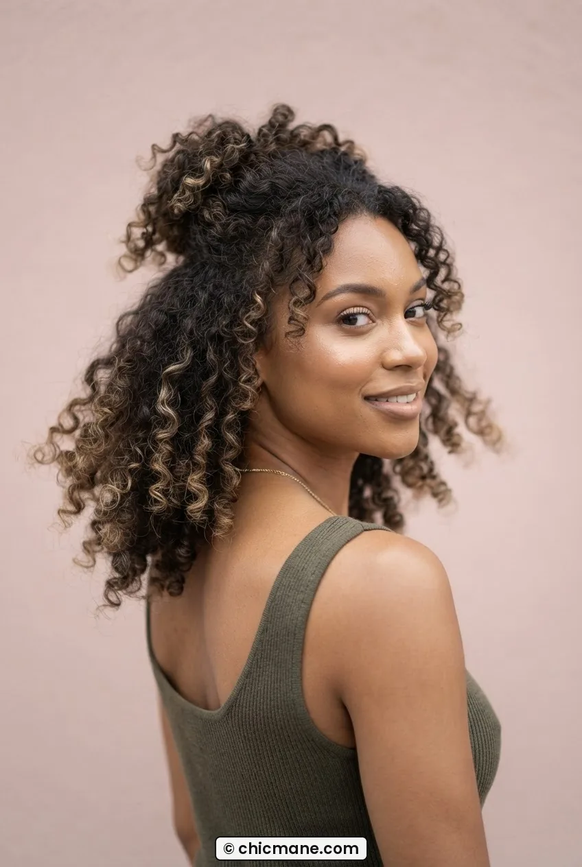 Woman with 3C half-down spiral layer style, interior curl layers separating dynamically in diffused blush light