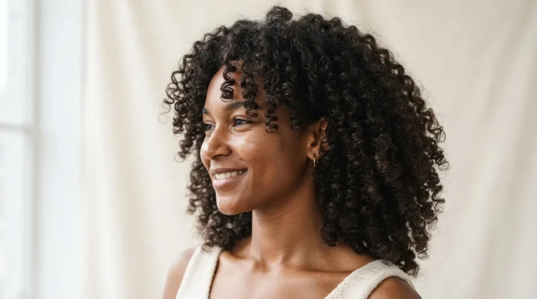 Woman with defined springy 3B curls against a soft ivory backdrop in three quarter view with diffused light
