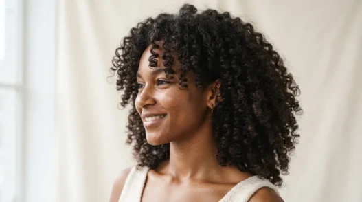 Woman with defined springy 3B curls against a soft ivory backdrop in three quarter view with diffused light