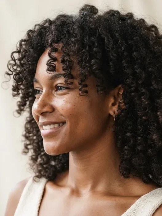 Woman with defined springy 3B curls against a soft ivory backdrop in three quarter view with diffused light