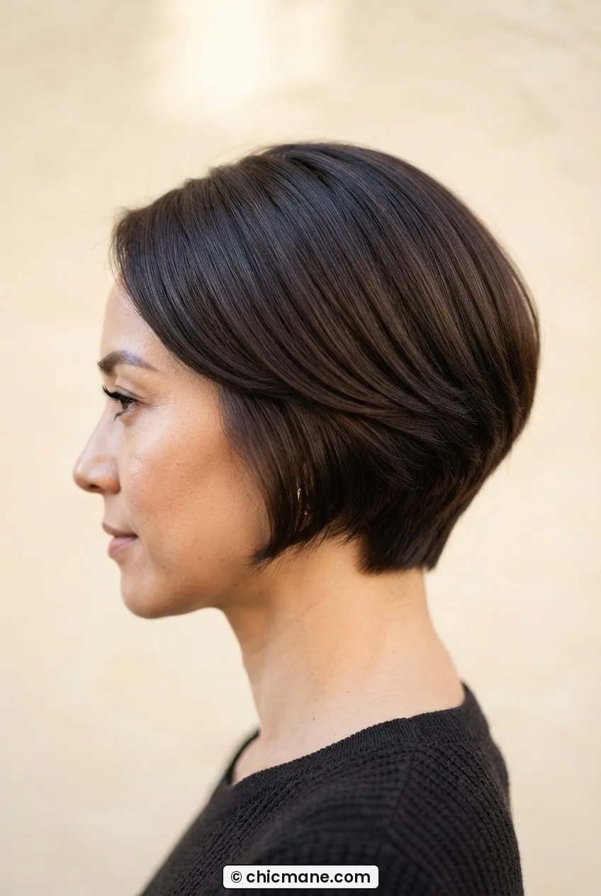 Woman with stacked bob showing full graduated curved silhouette at nape against cream backdrop with overhead diffused lighting