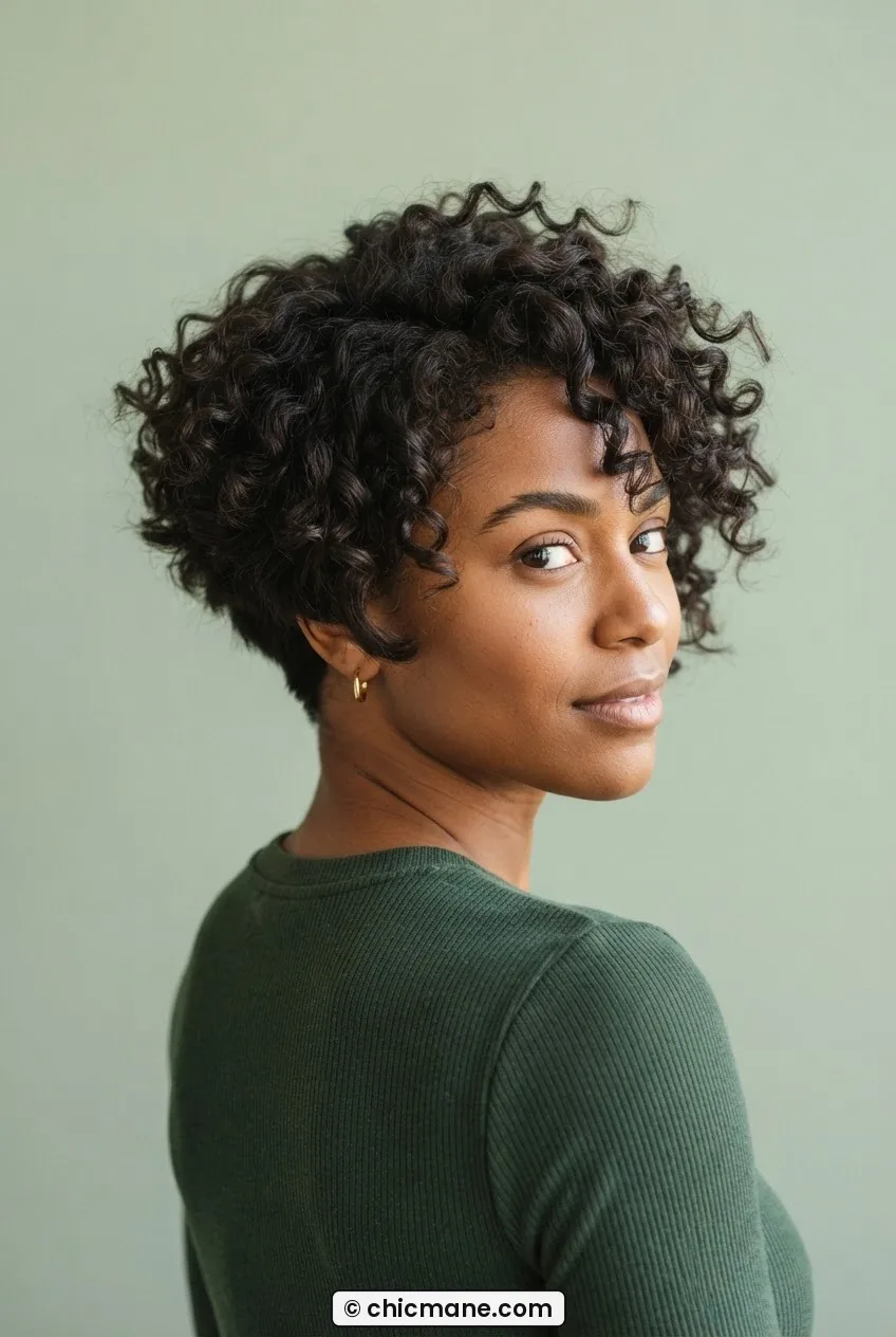 Woman with 3A curly stacked bob, stacked back and defined ringlets visible as she turns in sage green light