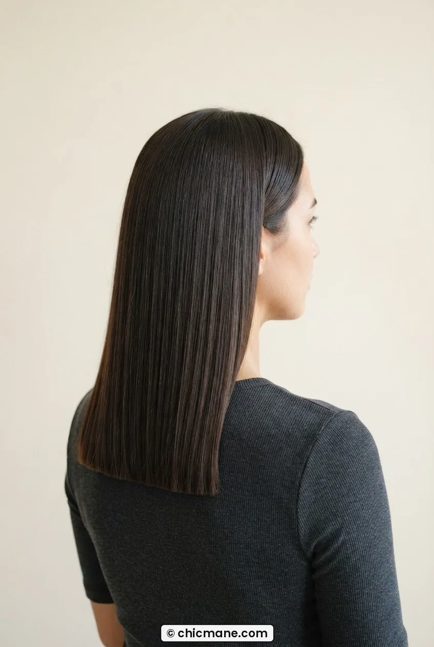Woman with past-the-shoulder straight one-length hair showing dense blunt bottom edge in clean studio lighting