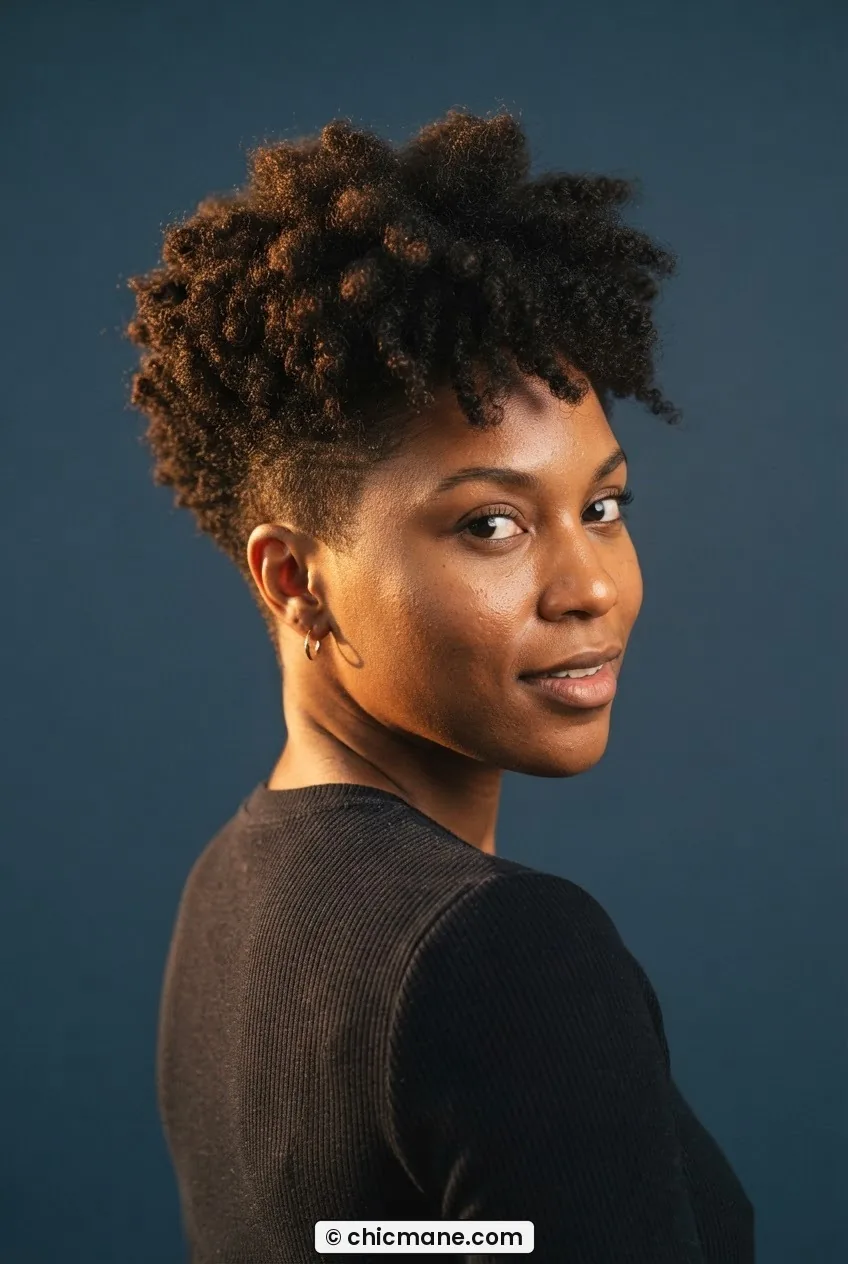 Woman with tapered natural cut on 4B coils, full crown and close-tapered sides visible in deep slate blue light