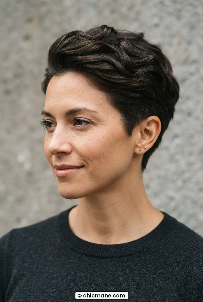 Woman with tapered pixie cut in three quarter view against stone grey backdrop with soft left-side studio lighting emphasizing sculpted shape
