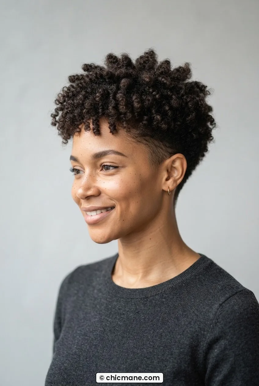 Woman with tapered TWA on 4A coils showing close taper at nape and full volume at crown