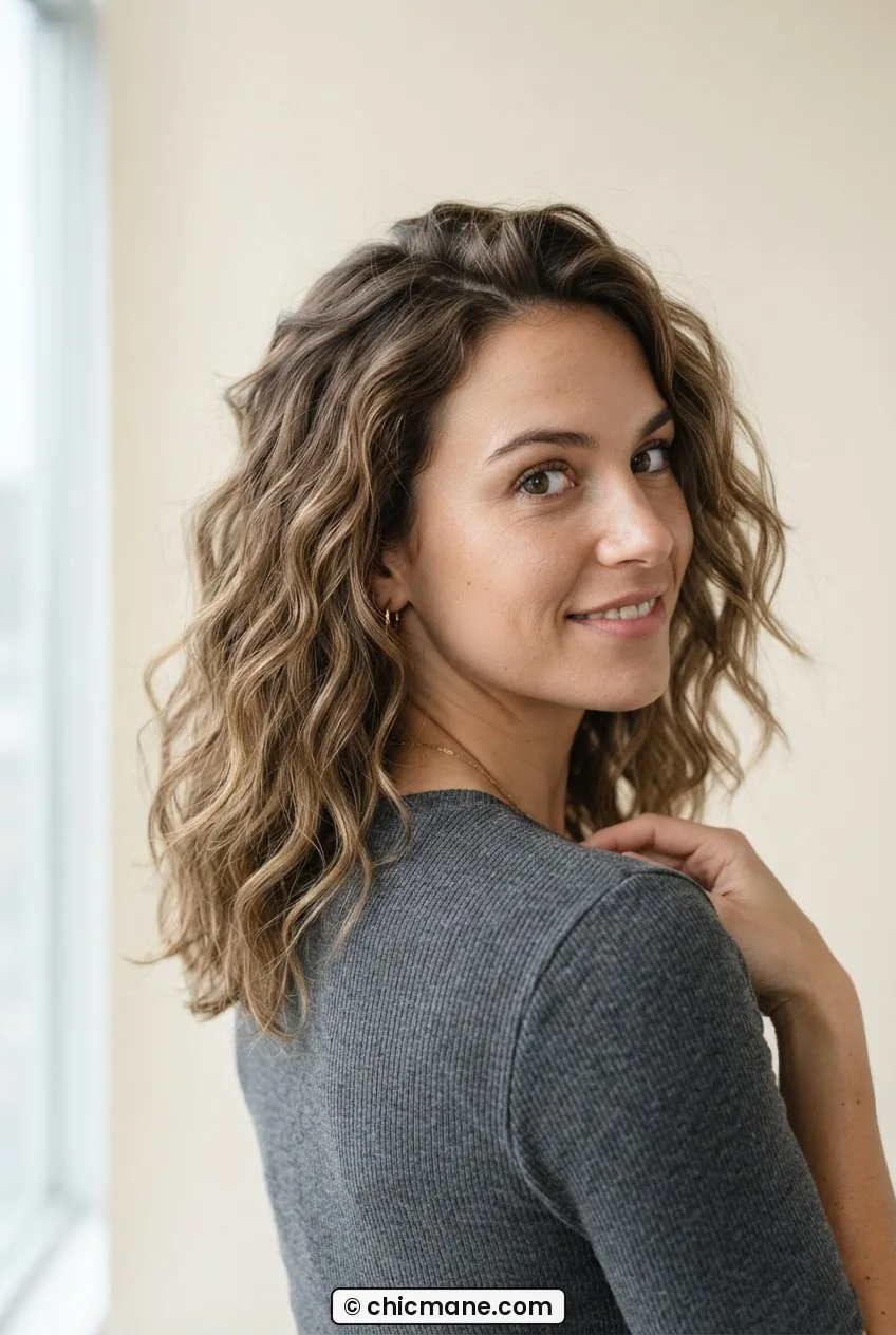 Woman with shoulder-length hair styled in tousled sea-salt texture spray waves showing defined separation from root to tip