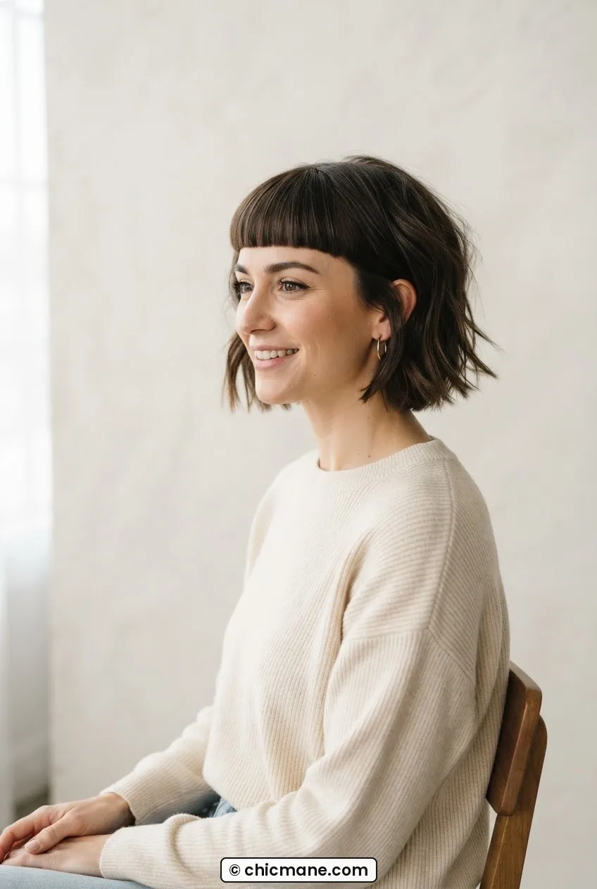 Woman with textured bob and blunt fringe above the brows showing layered body and straight fringe edge in diffused light
