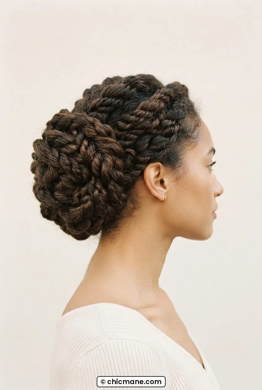 Woman with thick hair wearing a large dimensional textured bun with overlapping twisted sections at the nape