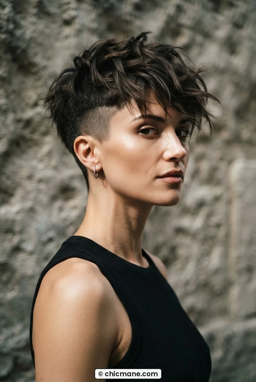 Woman with textured crop and disconnected undercut showing visible shaved sides and piecey top texture in dramatic side light