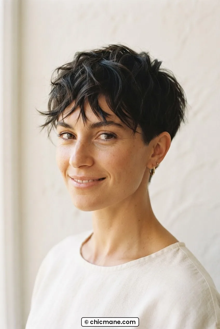 Woman with textured crop and piece-y tips styled forward in warm diffused window light against off-white backdrop