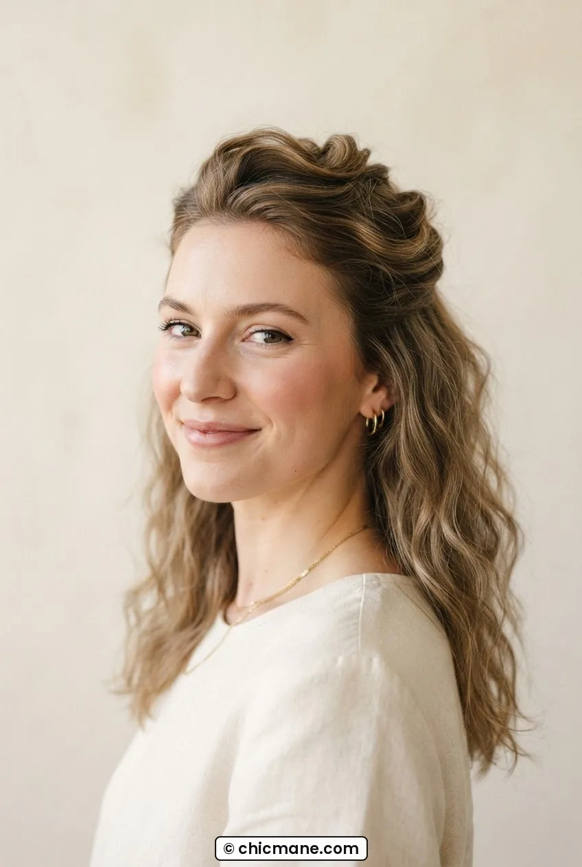 Woman with a textured French tuck hairstyle showing front sections rolled and pinned with wavy lengths free