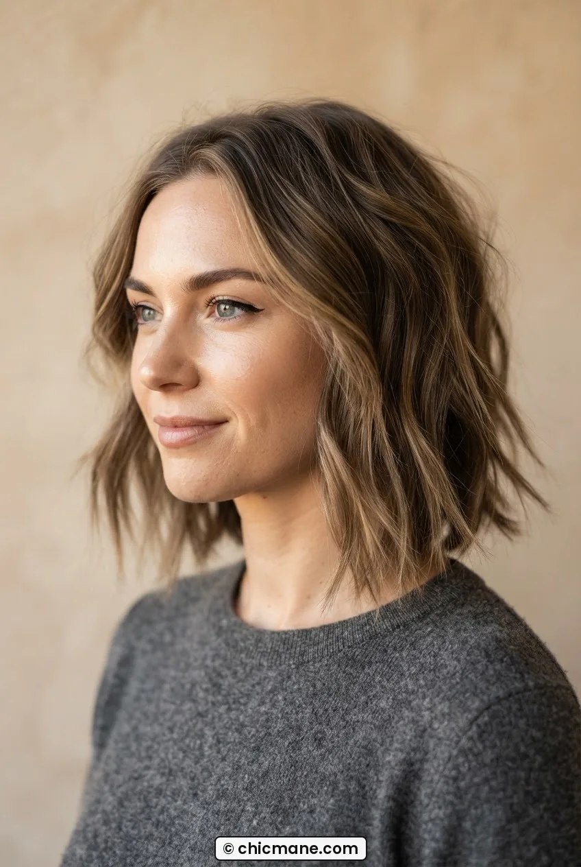 Woman with a textured lob showing interior layer movement through the mid-shaft, warm diffused light, three quarter view against beige backdrop