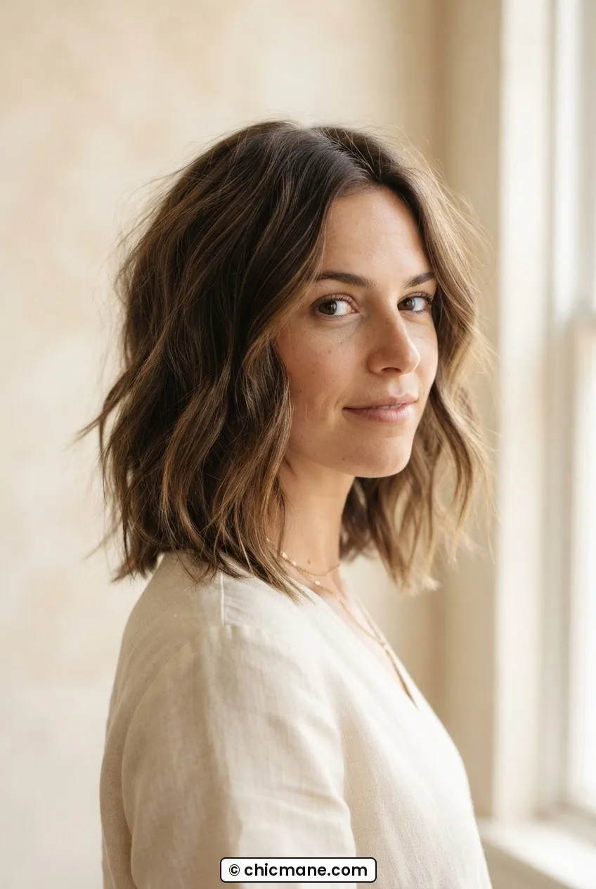 Woman with textured past-shoulder lob showing lightly tousled layered ends in warm window-style diffused light