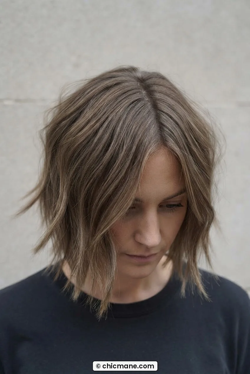 Overhead view of woman with textured piece-y bob showing disconnected layers with ends kicking out at the jawline