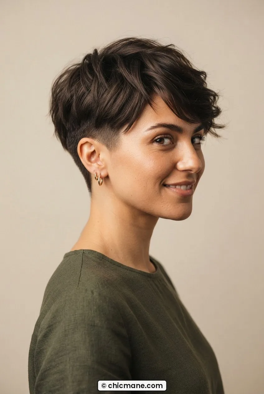 Woman with textured pixie cut showing extra length swept forward on top and close-cropped sides