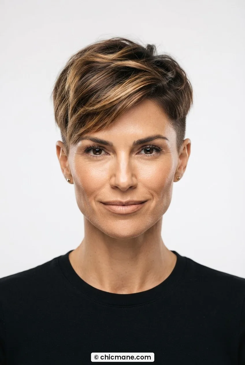 Woman with textured pixie cut featuring a longer top section swept forward and closely cut sides