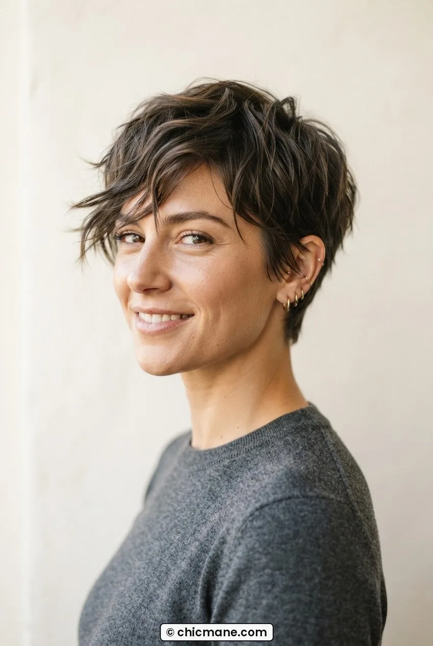 Woman with short textured pixie cut featuring intentionally separated piece-y front sections in soft studio light