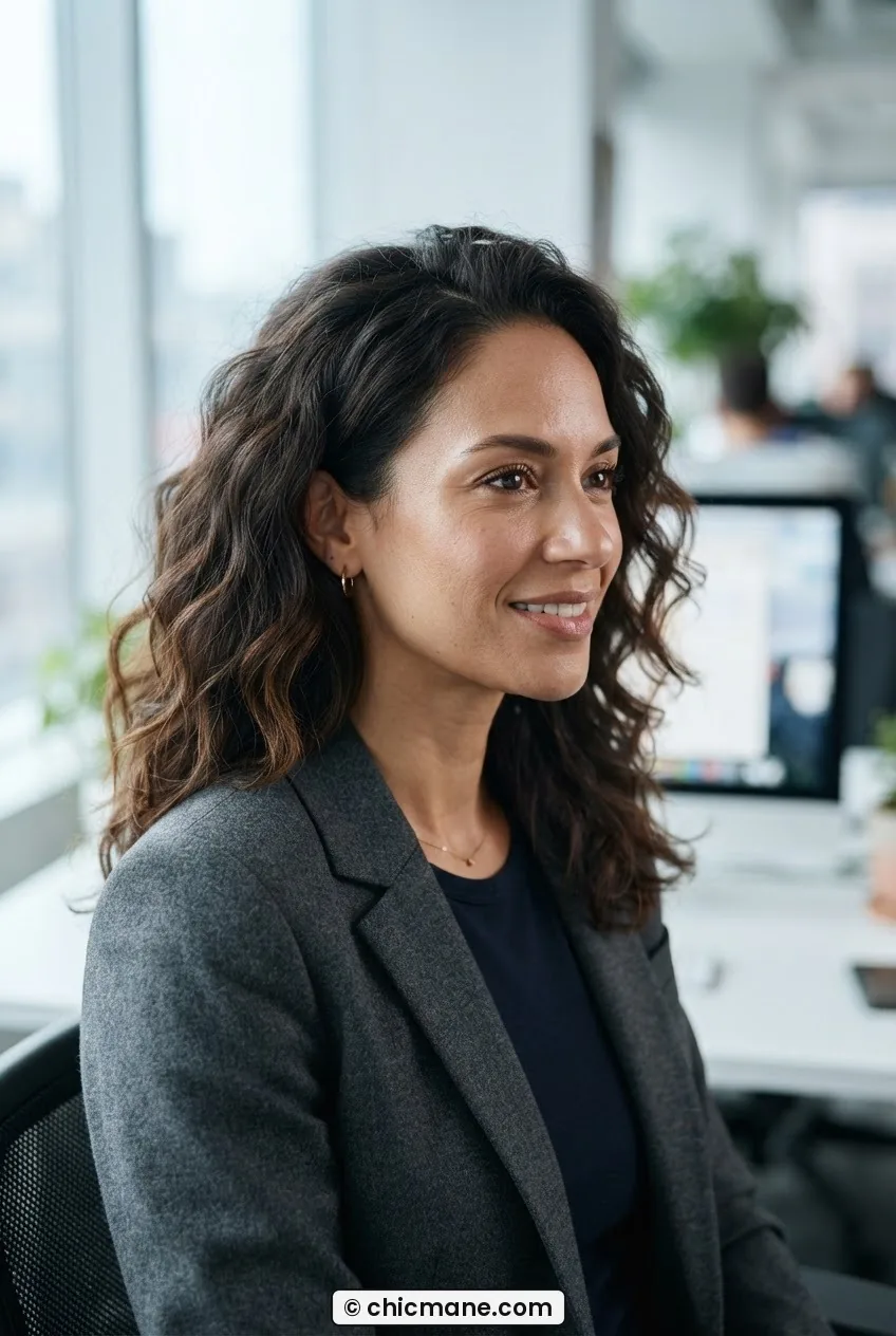 Woman with tousled dark brunette textured waves in cool office window light, relaxed professional look