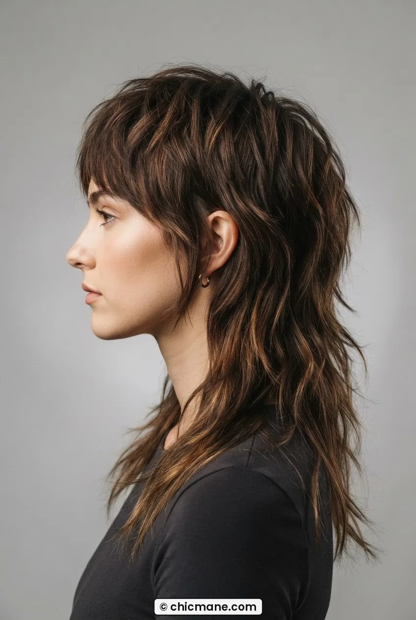 Woman with textured wolf cut in chocolate brown, heavy disconnected layers and razored ends in bright studio light