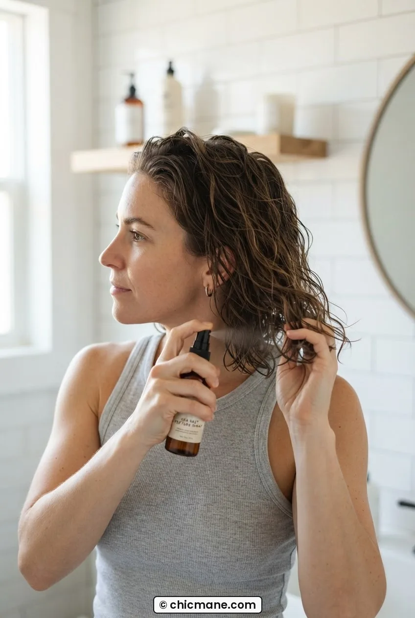Woman scrunching lightweight texturizing spray through slightly damp chin-length hair in a home bathroom with side lighting