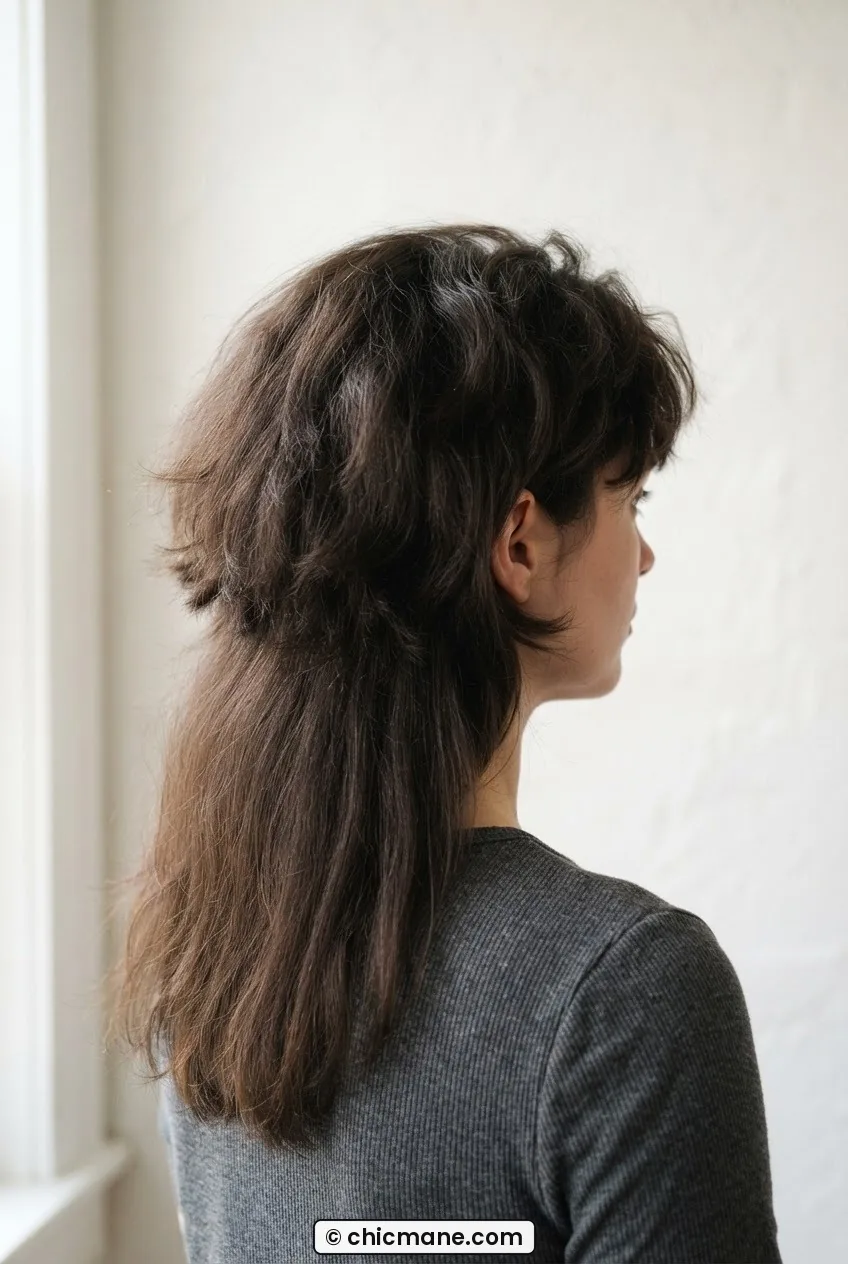Back view of woman with thick hair in an awkward grow-out phase showing wider triangular silhouette from shorter top layers