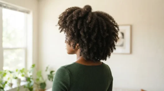 Back three quarter view of woman with thick natural 4C coily hair in bright room showing full crown width