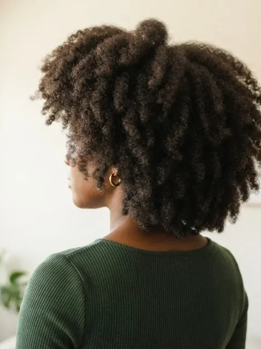 Back three quarter view of woman with thick natural 4C coily hair in bright room showing full crown width