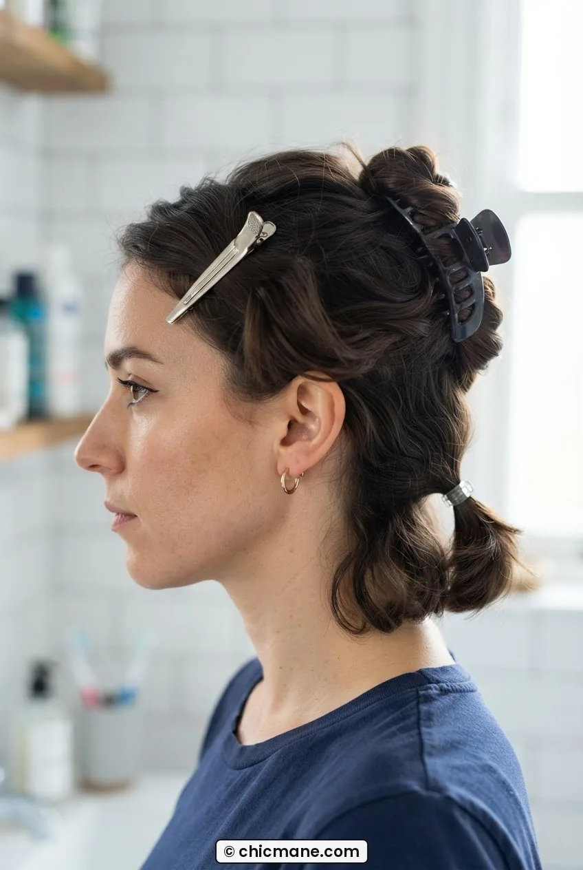 Close-up of three sectioning clips in hair — duckbill at temple, butterfly at crown, clear elastic at nape