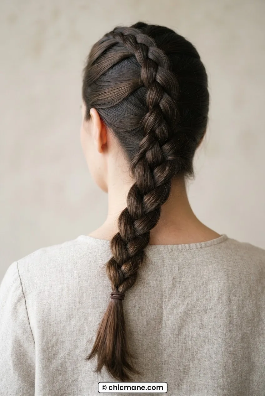 Woman's back showing a neat three-strand side braid from crown to ribbon-tied tip over left shoulder, mid-back length