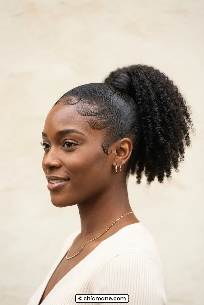 Woman with tightly coiled natural hair in a polished high sleek ponytail, edges perfectly smooth, warm cream background