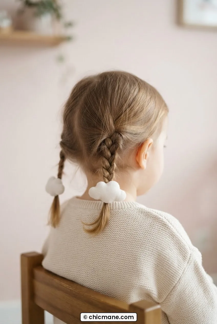Toddler with two gentle low pigtail braids finished with soft cloud-shaped hair ties in pale indoor light