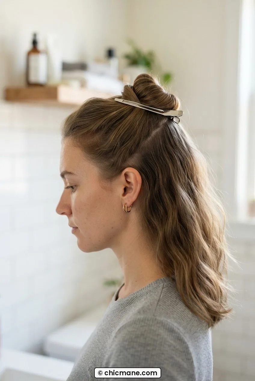 Woman with top triangle section clipped up at crown using a duckbill clip, remaining hair hanging loose