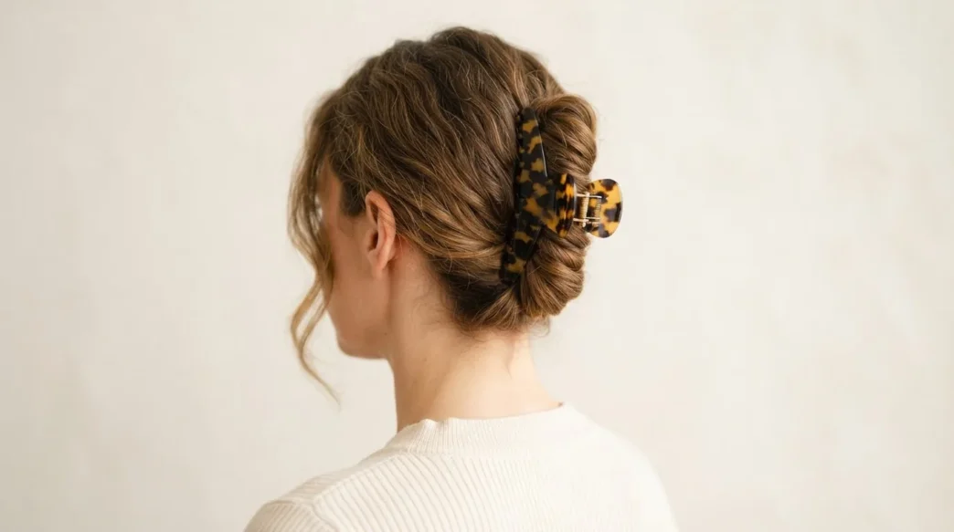 Woman wearing tortoiseshell claw clip in low twisted chignon updo, soft indoor light against warm white wall