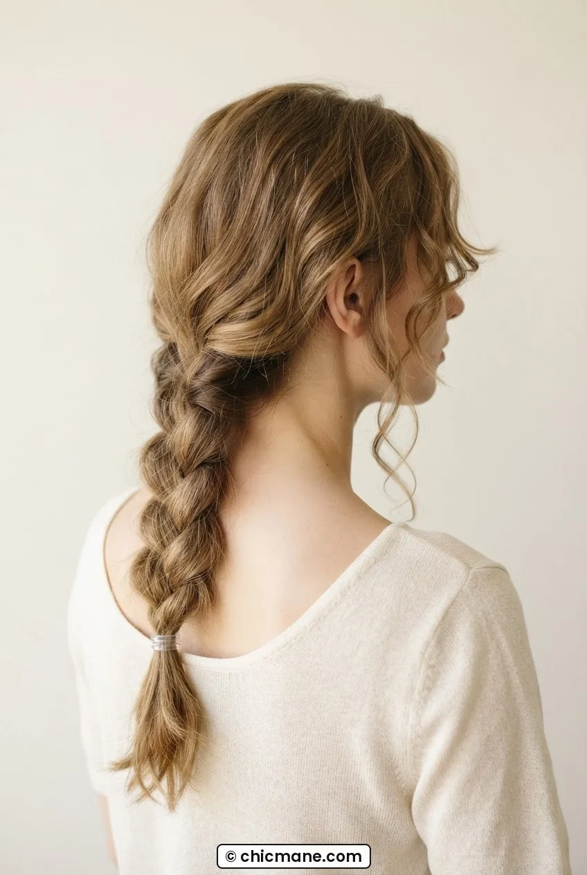 Woman with past-the-shoulder hair in loose low braid with face-framing tendrils against cream backdrop