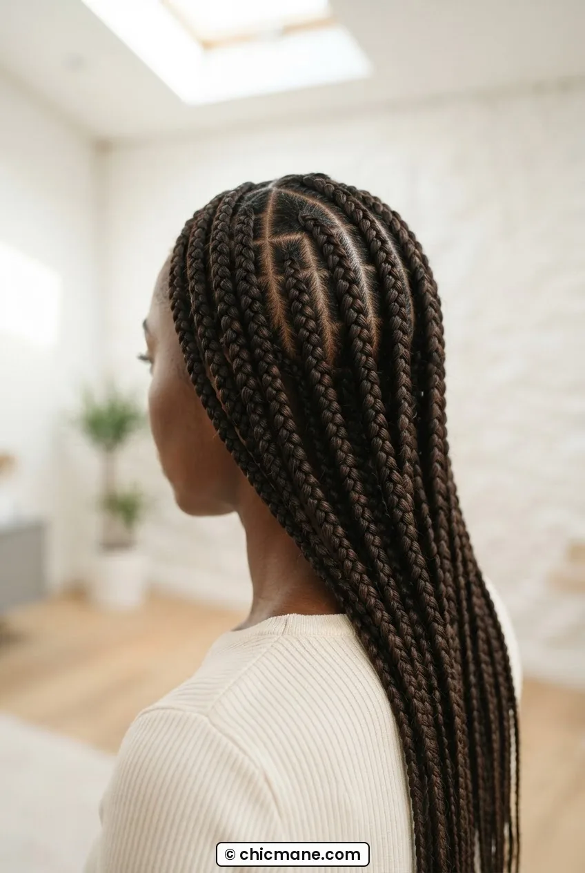 Woman with tightly installed traditional box braids and clean middle part, crisp geometry visible in overhead light