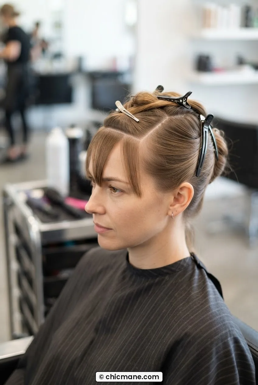 Woman at salon station with a clean triangular bang section isolated at the front hairline with visible clipping lines