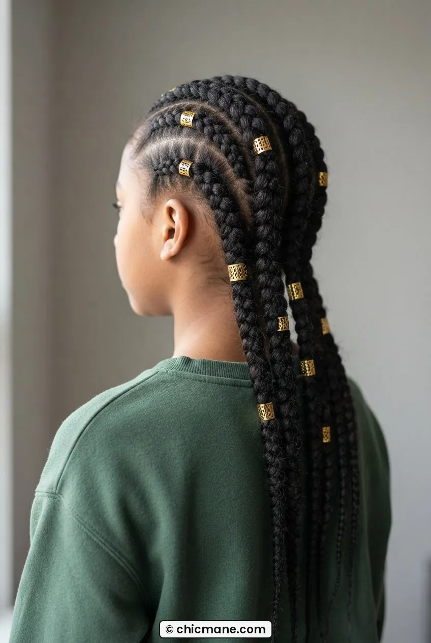 Tween girl with large goddess cornrows decorated with gold hair cuffs viewed from back three-quarter angle