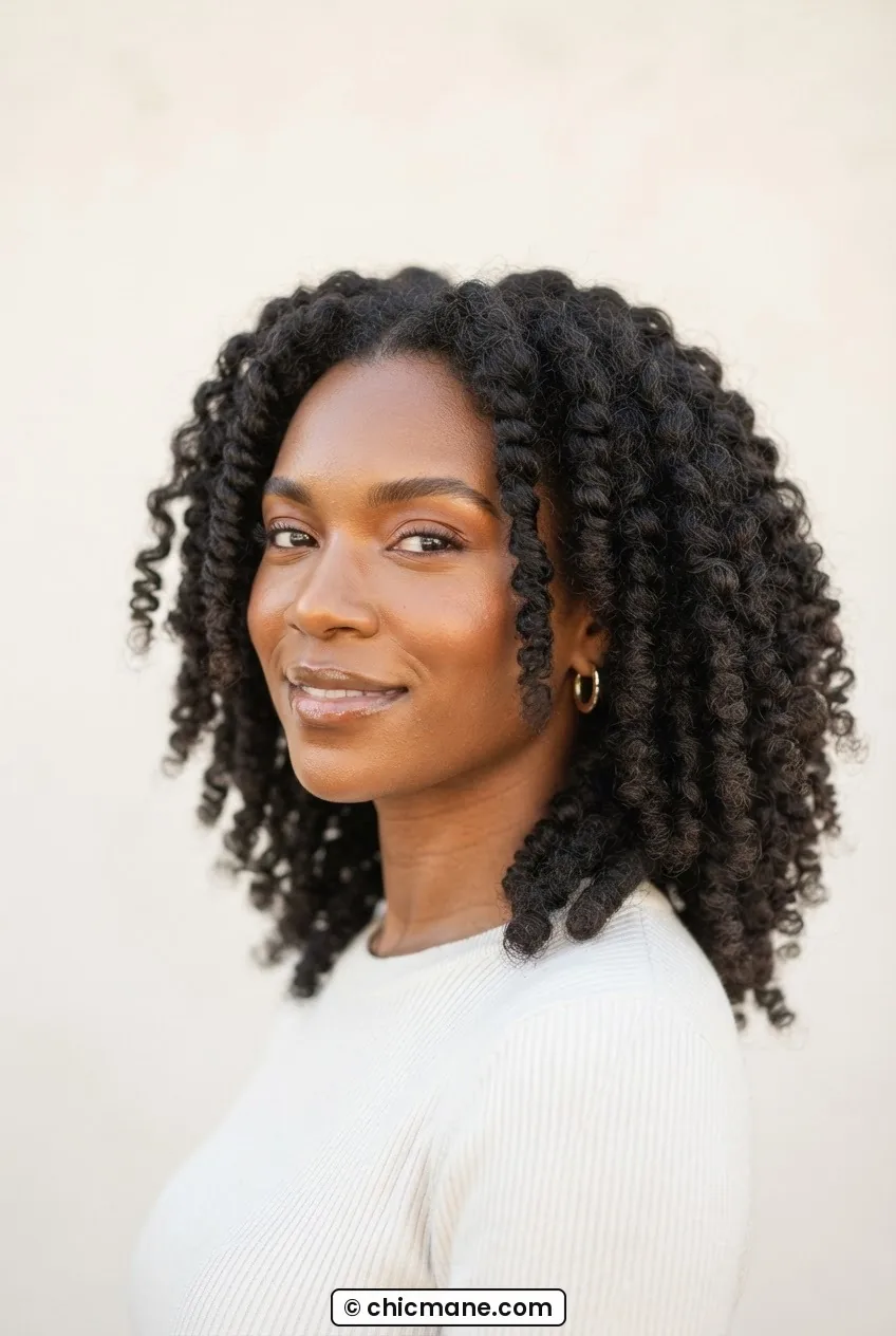 Woman with defined twist-out on 4B-4C coils showing stretched coil pattern on grown-out length