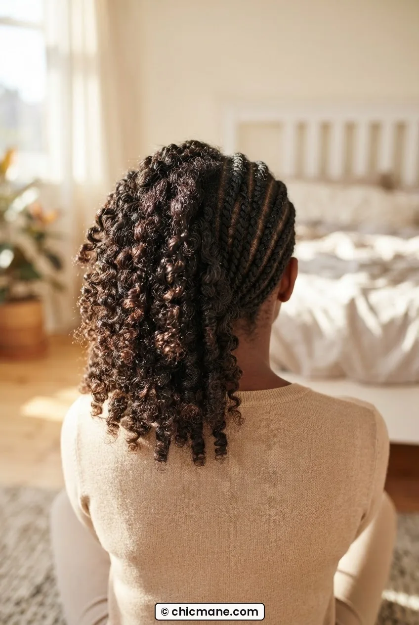 Back view of woman with half twist-out unravelled into defined spiral coils and half still in flat twists