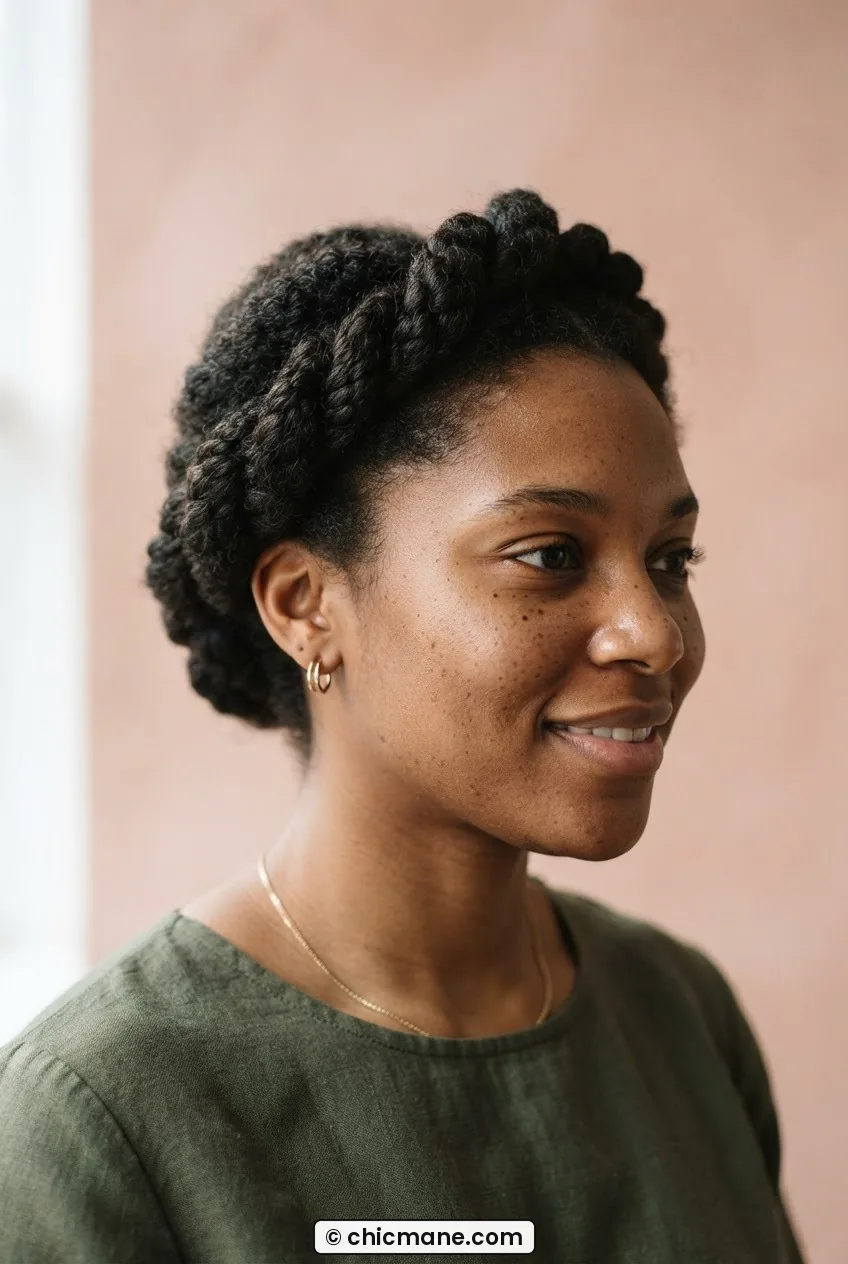 Woman with 4A natural hair styled in an asymmetric twisted crown with two pinned twists against a warm blush backdrop