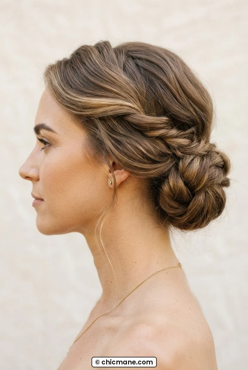 Woman wearing a twisted side bun behind one ear with swept sections and visible continuous twist line from crown