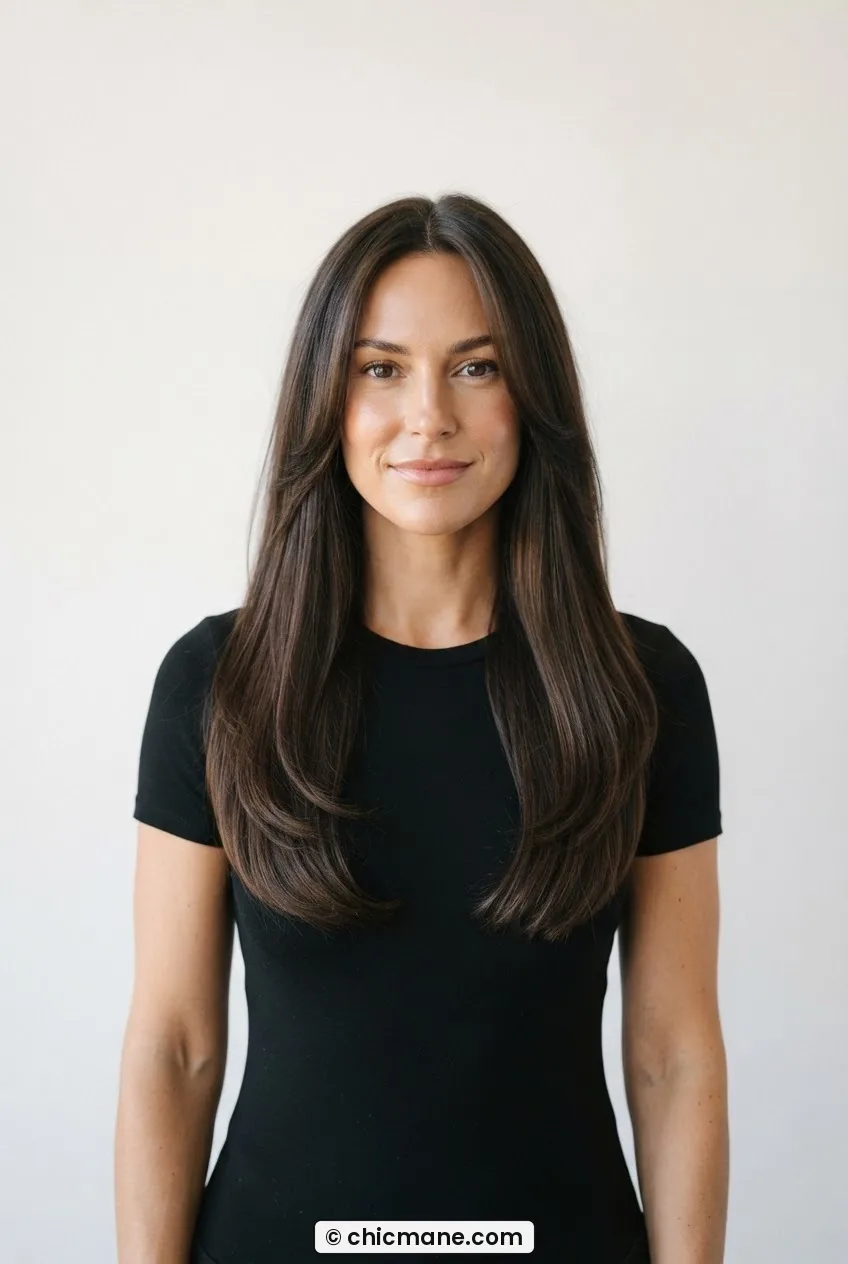 Woman with long U-cut showing soft curved back hemline and long forward-framing front pieces in symmetrical portrait