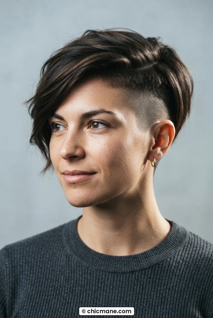 Woman with undercut pixie showing shaved section at temple and longer top layer swept to one side under sharp directional light