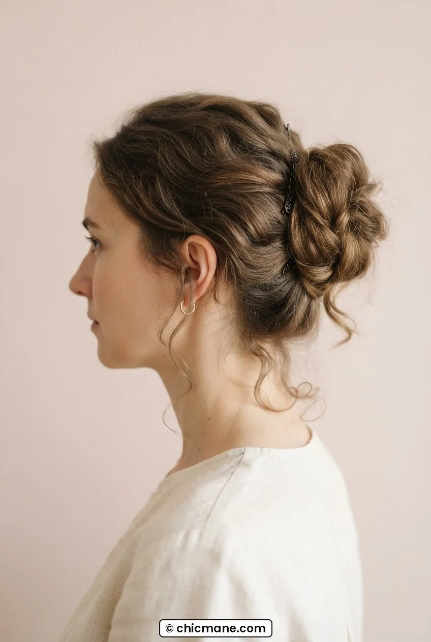 Woman wearing an undone French chignon with a loose vertical roll and escaping strands at the nape in soft light