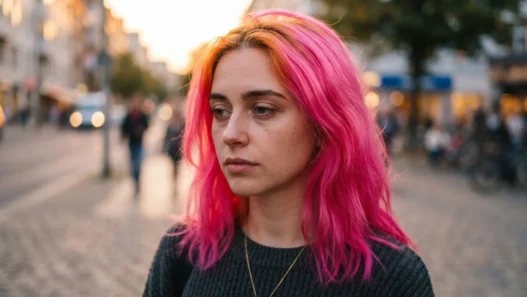 Woman with vivid electric pink hair showing uneven brassy orange roots in golden hour street light