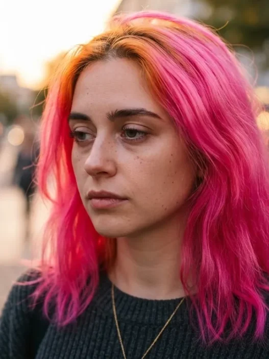 Woman with vivid electric pink hair showing uneven brassy orange roots in golden hour street light