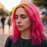 Woman with vivid electric pink hair showing uneven brassy orange roots in golden hour street light